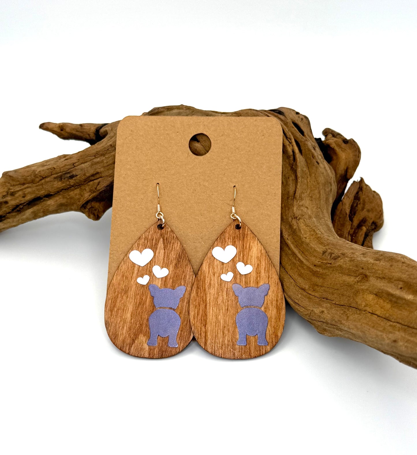 French Bulldog Wood Earrings | Purple Frenchie & Heart Dangles