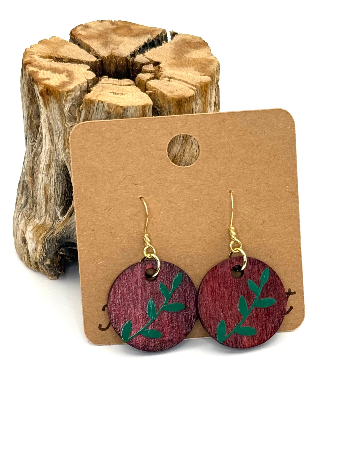 Wine Botanical Wood Earrings | Green Leaf Dangles