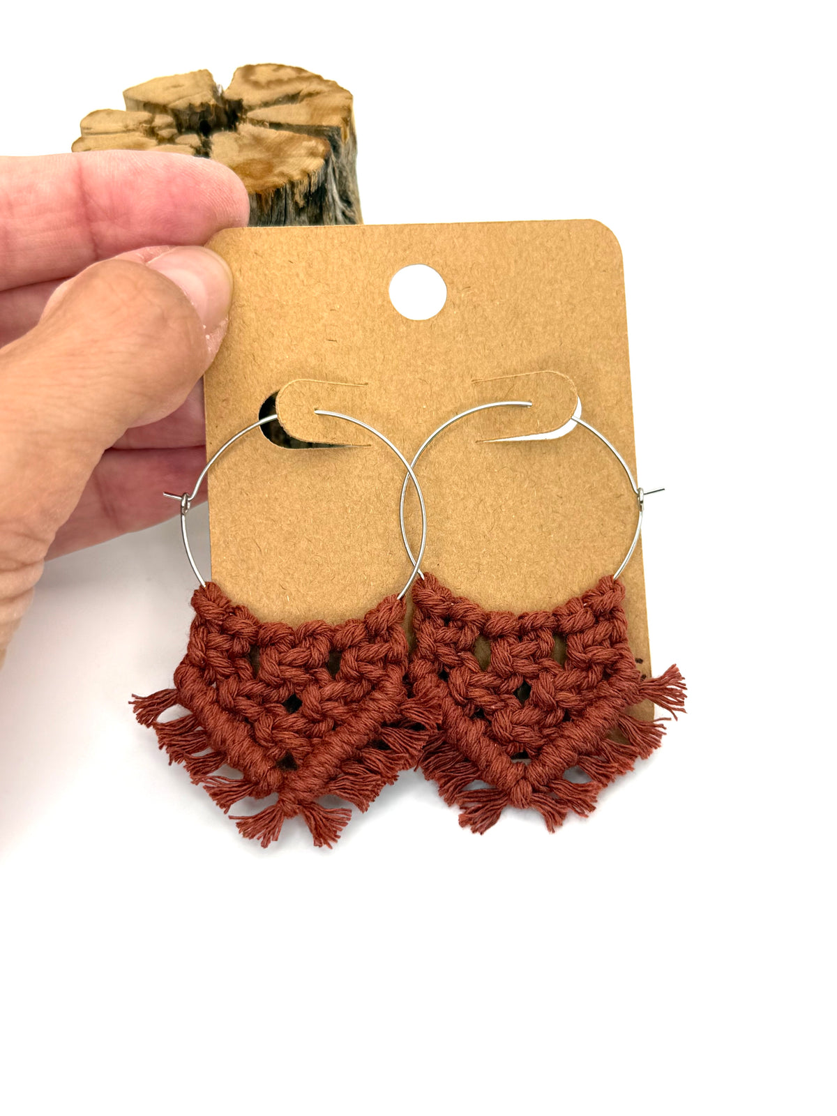 Rust Macramé Hoop Earrings | Silver Stainless Steel Statement Hoops