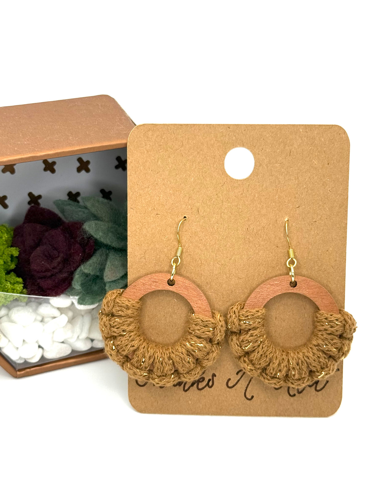 Hand-Painted Wood & Macrame Earrings | Golden Brown