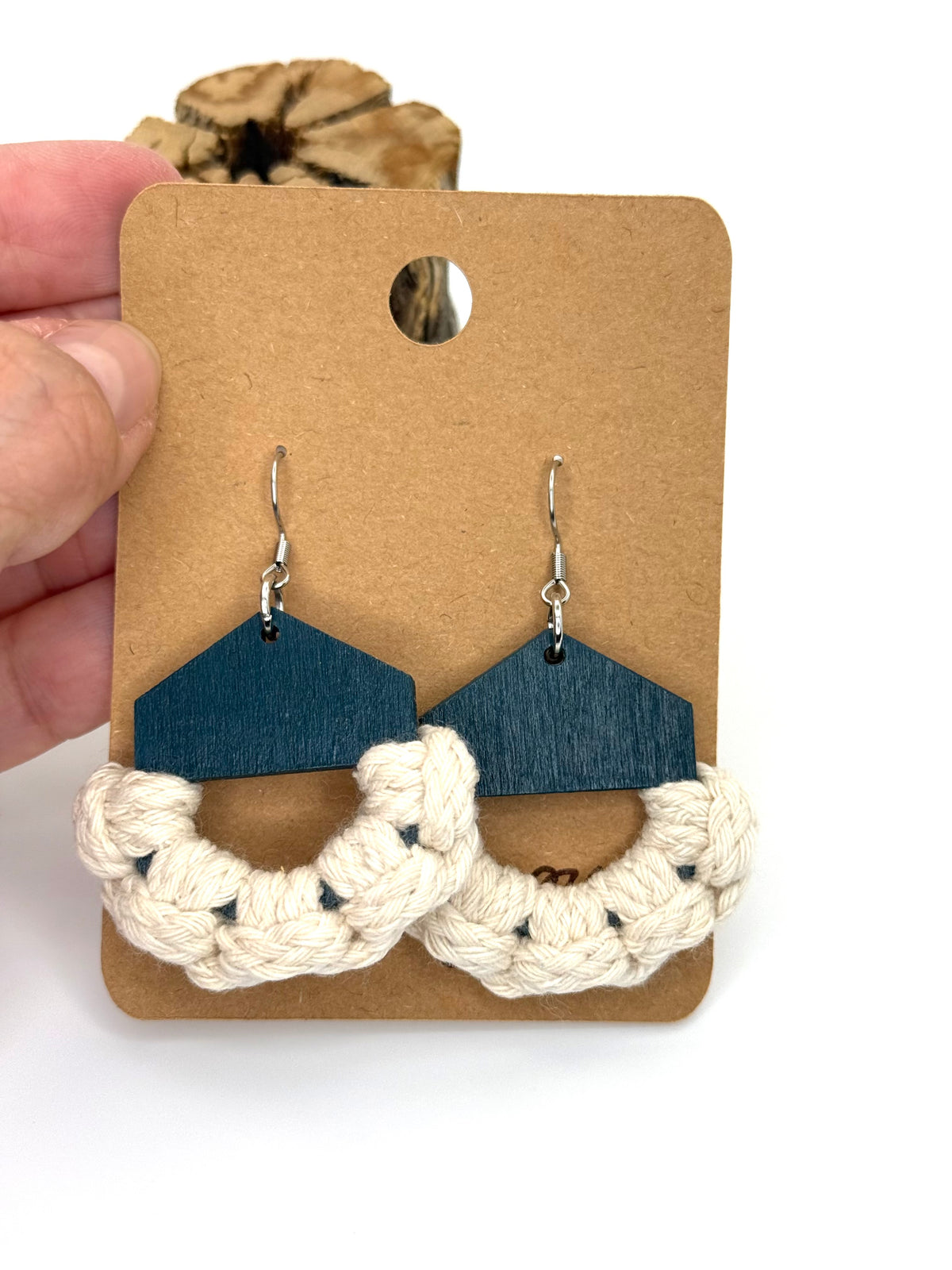Deep Blue Wood & Macrame Earrings | Cream Cotton