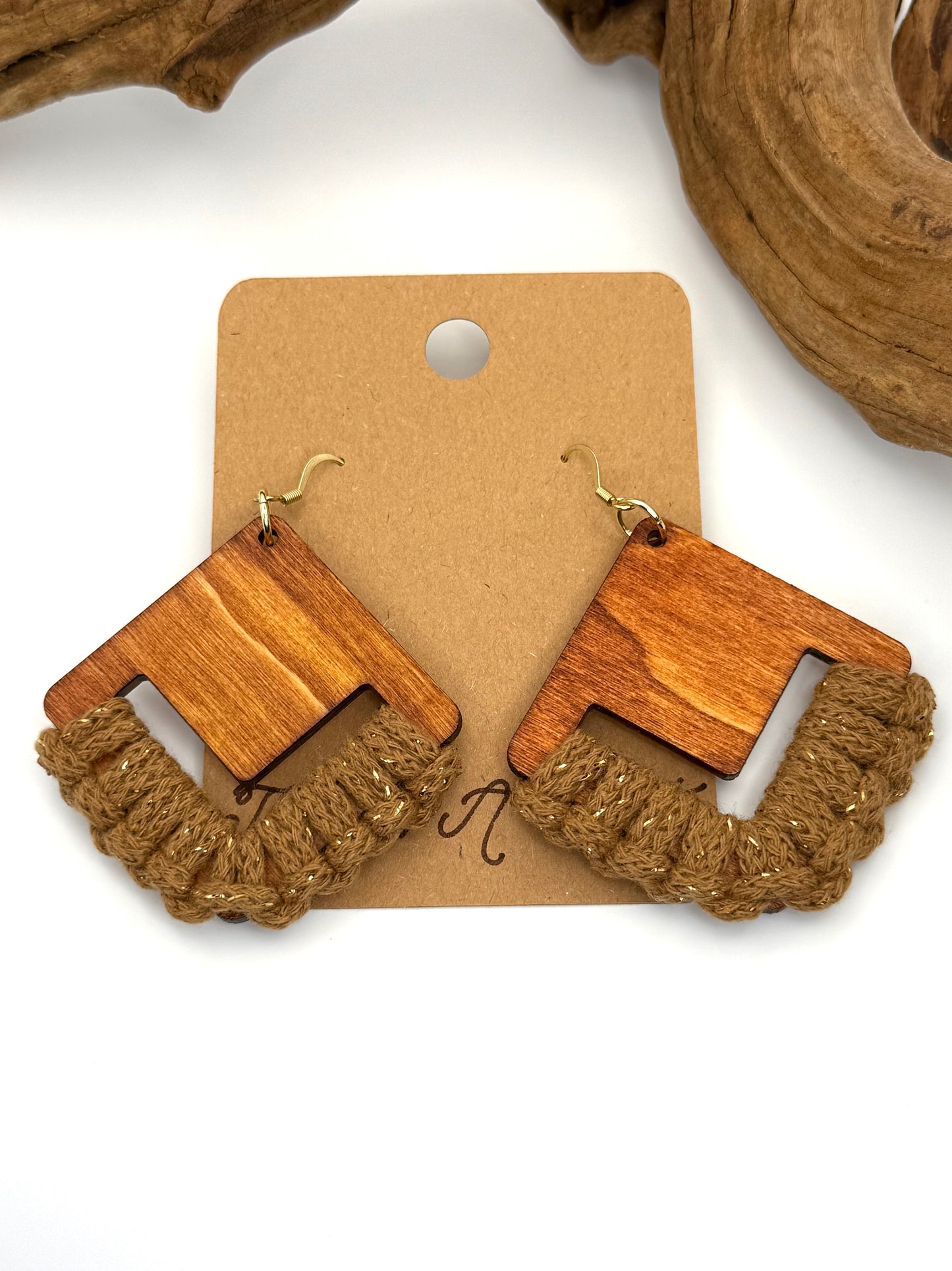 Warm Brown Wood & Macramé Earrings | Gold Fleck Statement Dangles