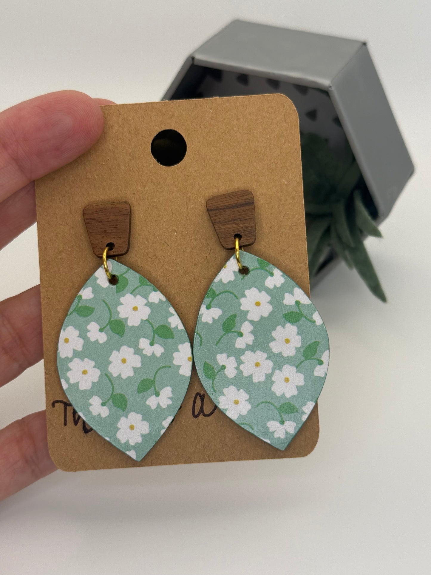 Teal Floral Wood Earrings | Daisy Print Statement Earrings