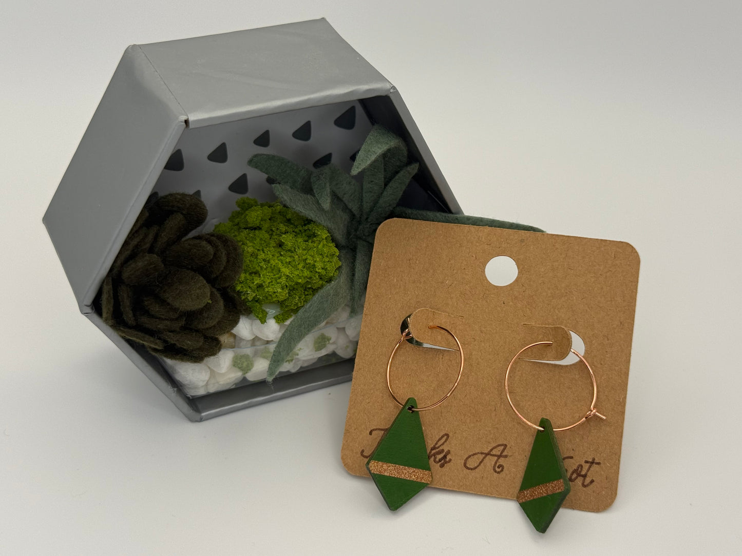 Emerald Geometric Wood Earrings | Rose Gold Hoop Earrings