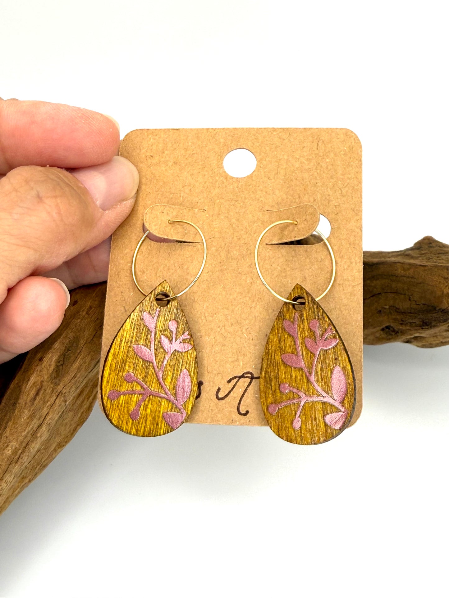 Ochre Walnut Botanical Hoop Earrings | Maroon Shimmer Dangles