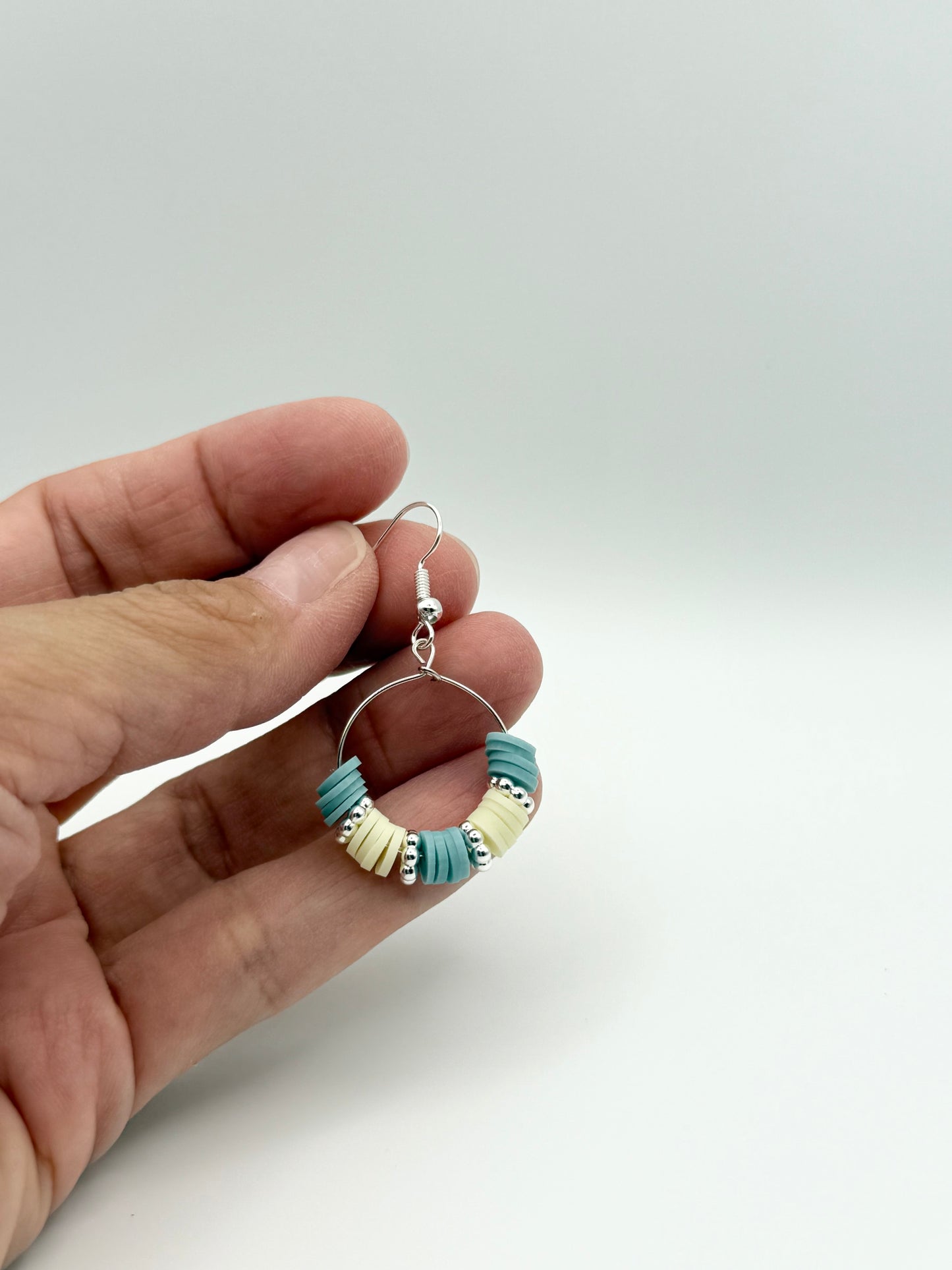 “Fresh linens” heishi bead dangle hoops