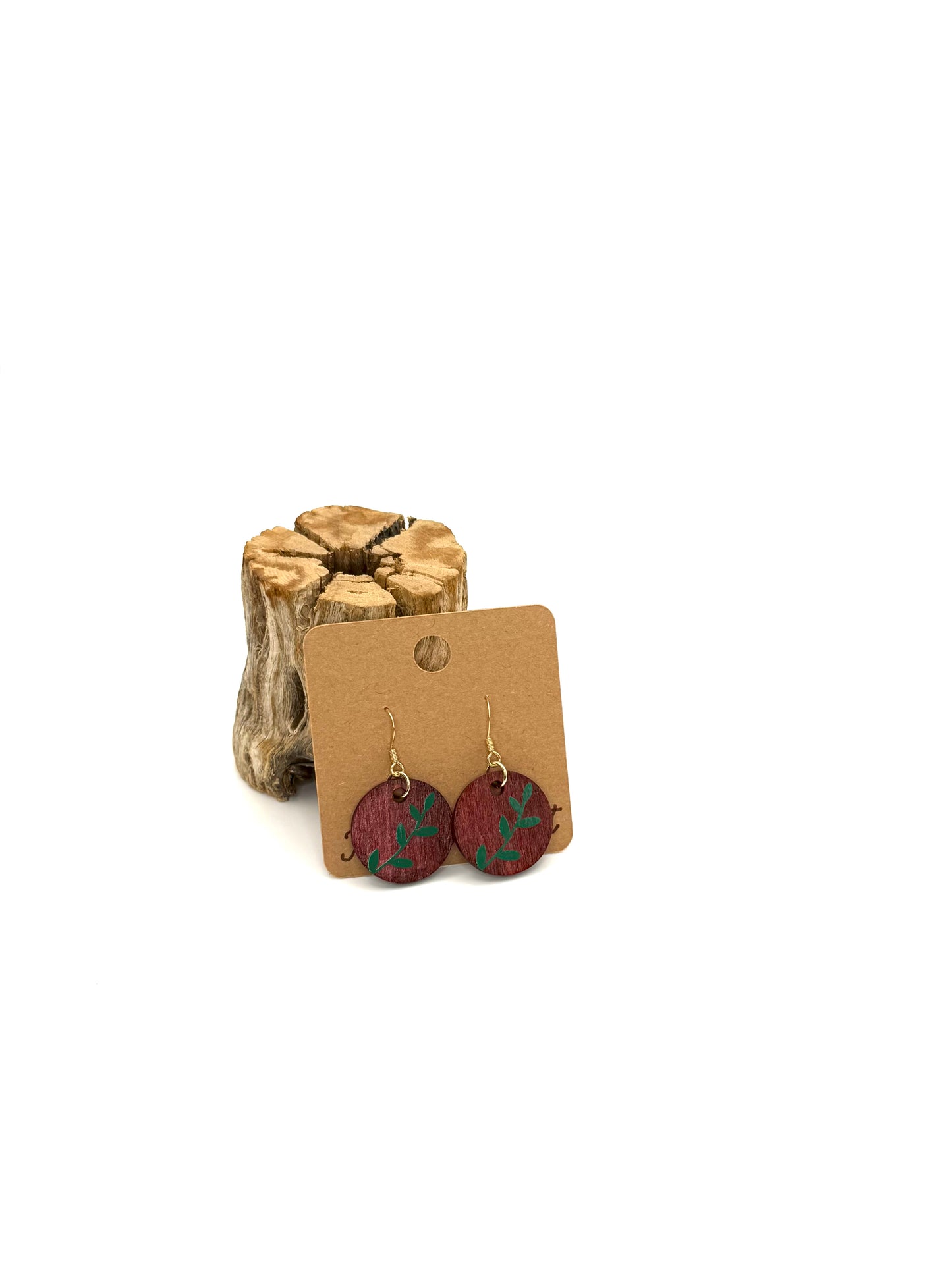 Wine Botanical Wood Earrings | Green Leaf Dangles