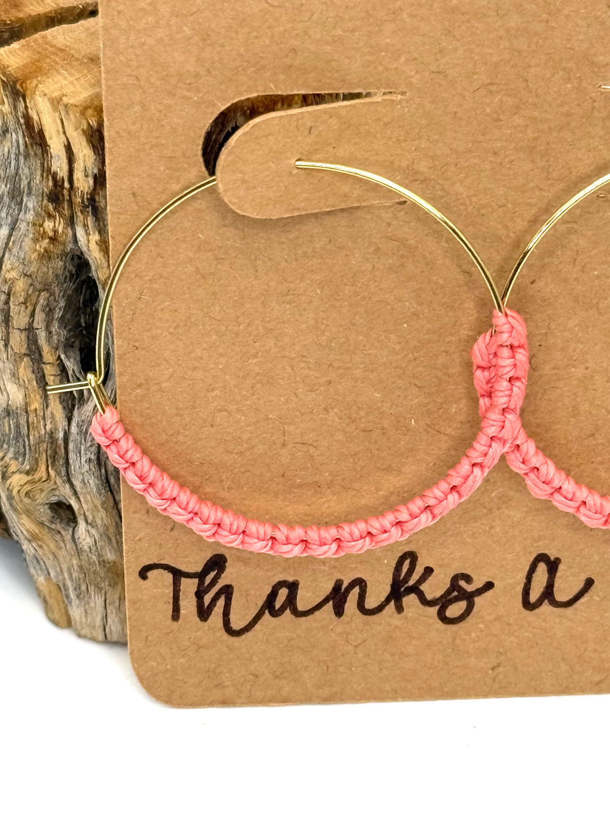 Coral Macrame Hoop Earrings | 35mm Gold Stainless Steel