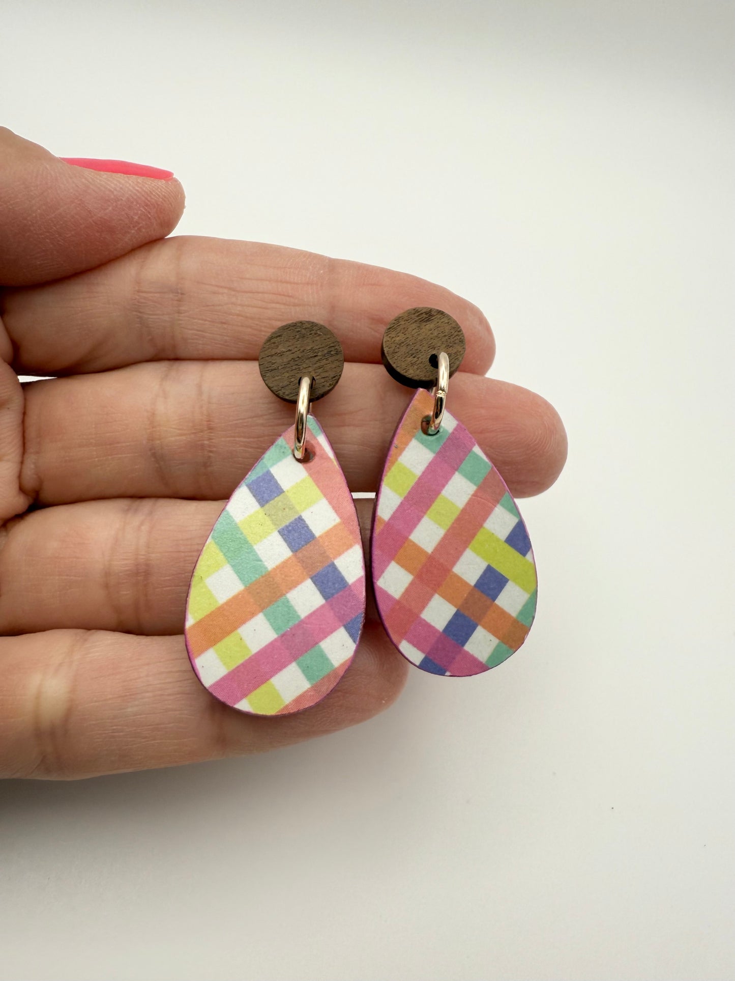 Wood and decoupage stud dangle earrings