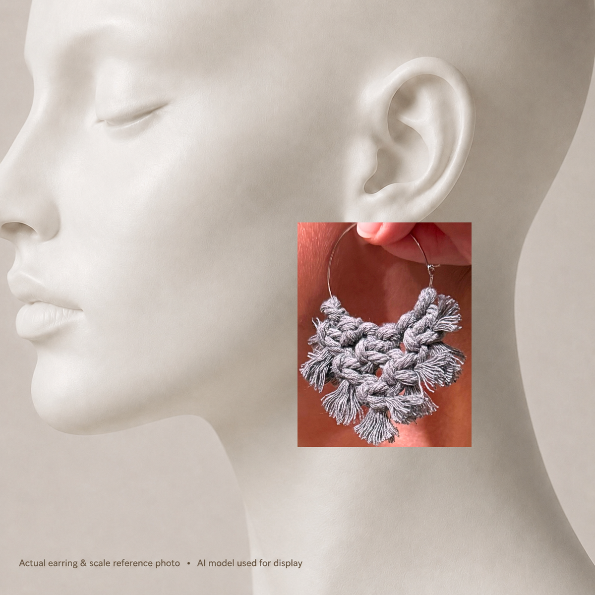 Gray Macramé Hoop Earrings | Hand-Knotted Statement Hoops