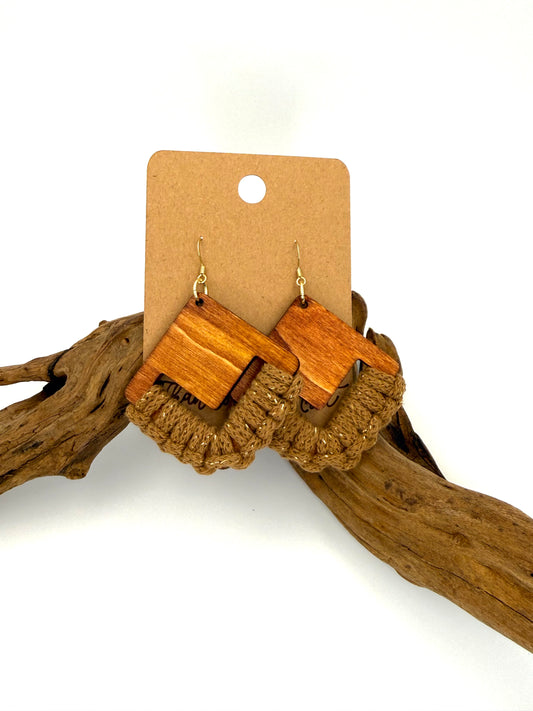 Warm Brown Wood & Macramé Earrings | Gold Fleck Statement Dangles