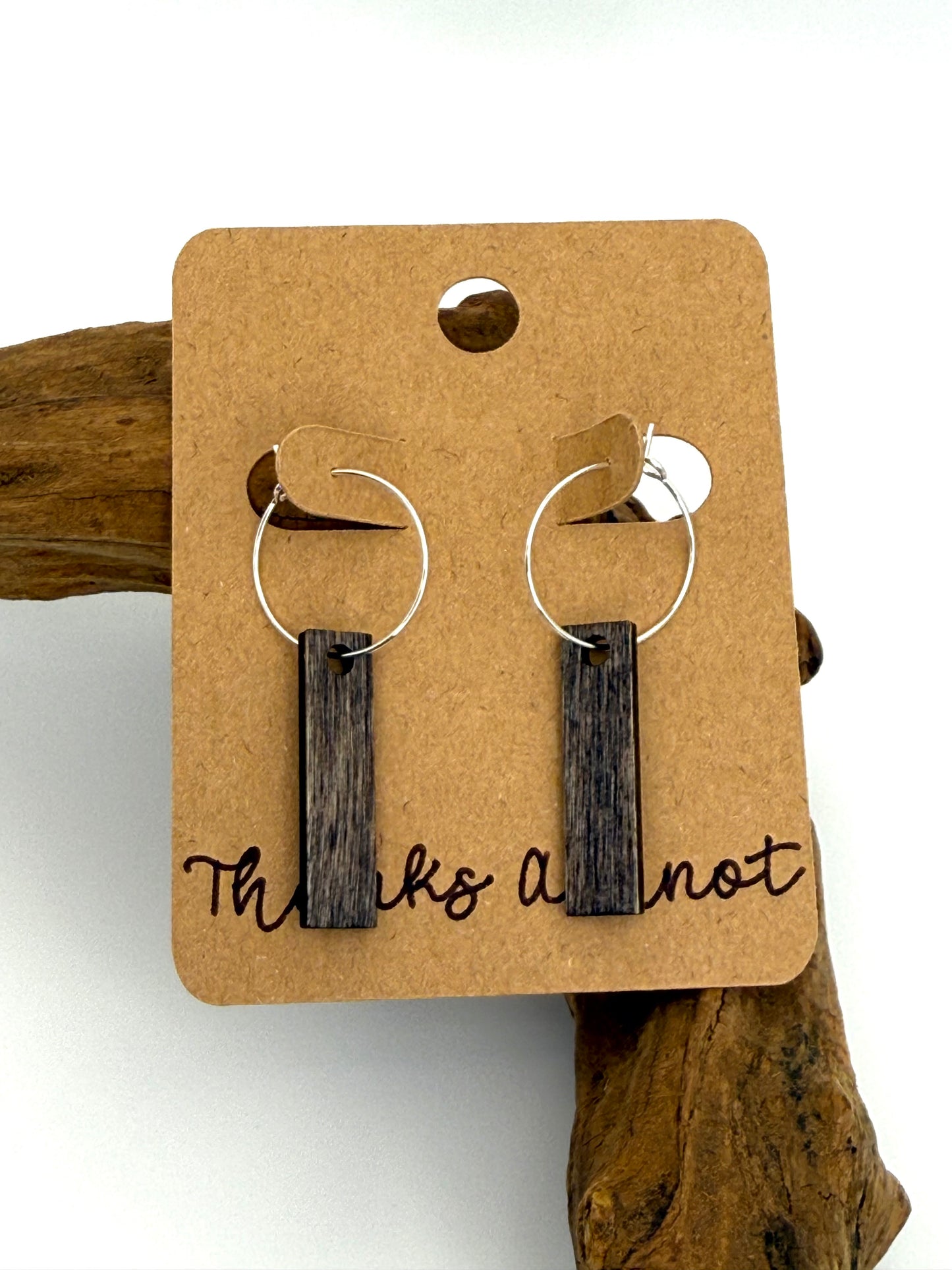 Driftwood Gray Wood Hoop Earrings | Minimalist Silver Bar Dangles