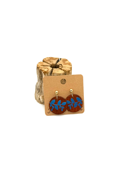 Blue Holographic Botanical Wood Earrings | Petite Round Stud Dangles