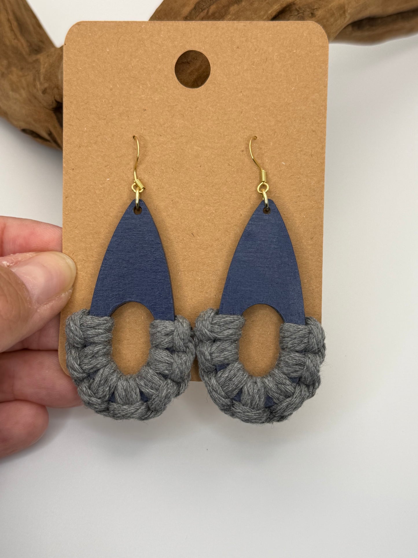 Modern Macramé Wood Earrings | Slate Blue & Gray