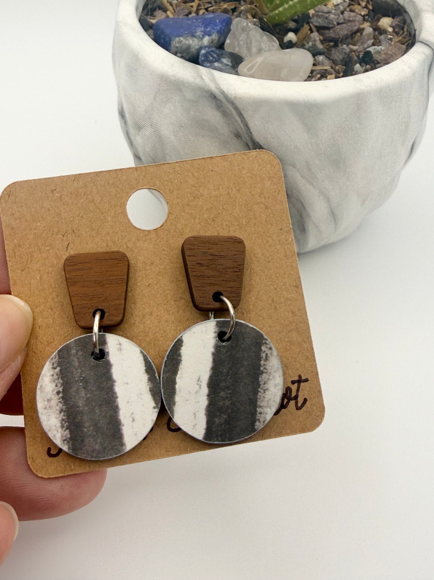 Modern Black and White Wood Earrings | Abstract Circle Drop Earrings