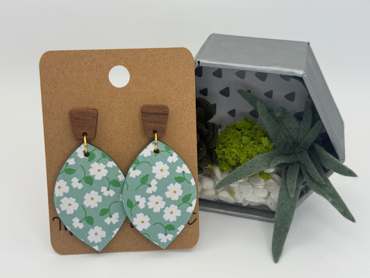 Teal Floral Wood Earrings | Daisy Print Statement Earrings