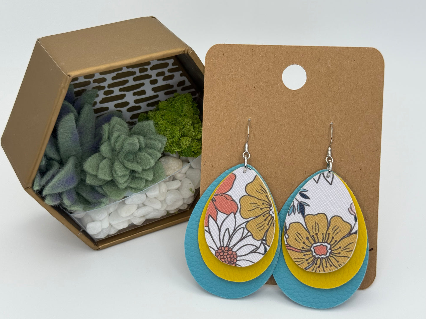 Colorful Floral Faux Leather Earrings | Layered Teardrop Statement Earrings