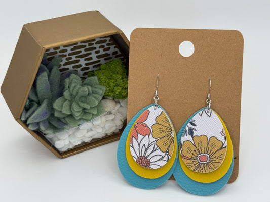 Colorful Floral Faux Leather Earrings | Layered Teardrop Statement Earrings
