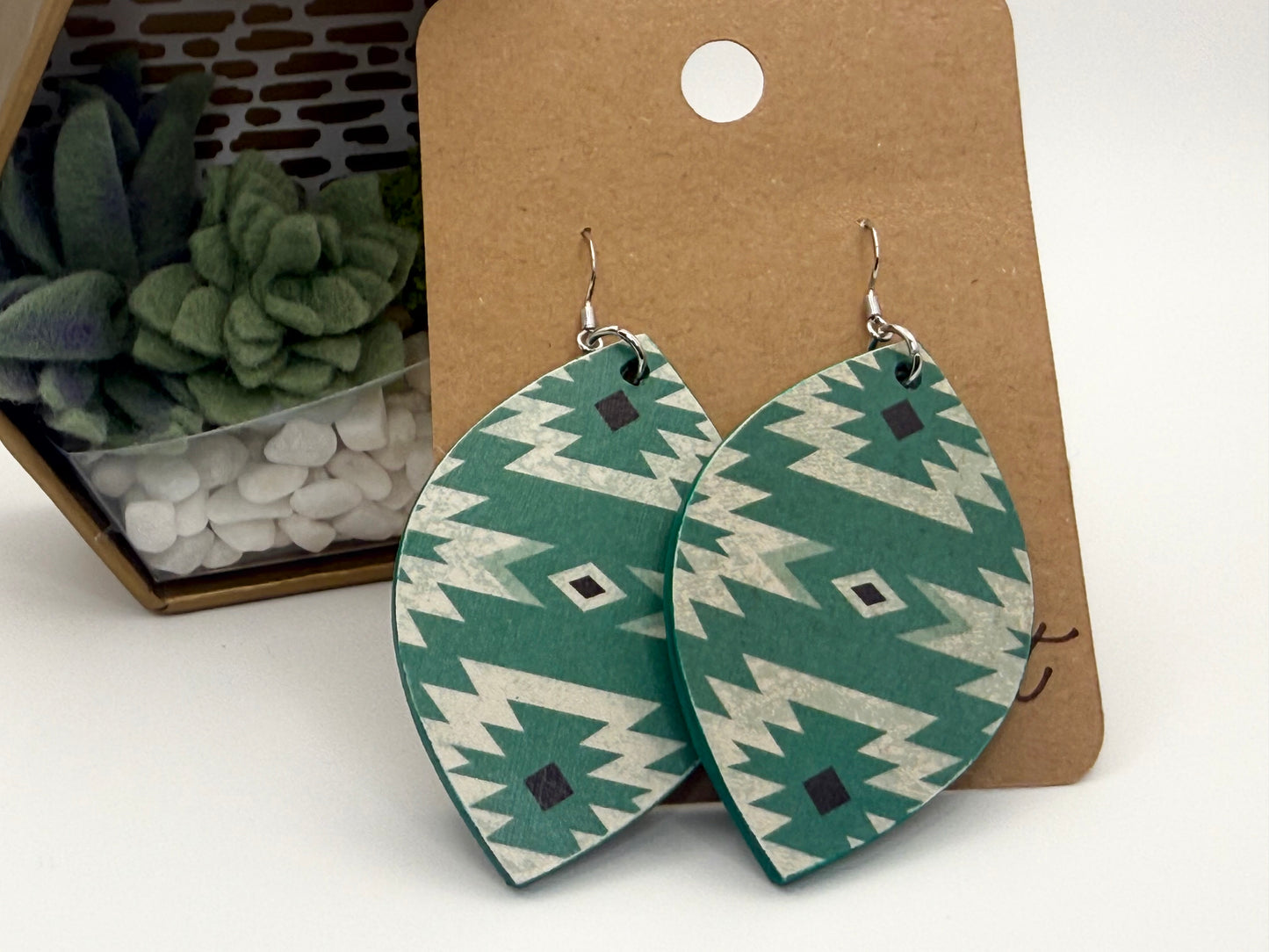 Turquoise Southwest Wood Earrings | Aztec Decoupage Statement Earrings