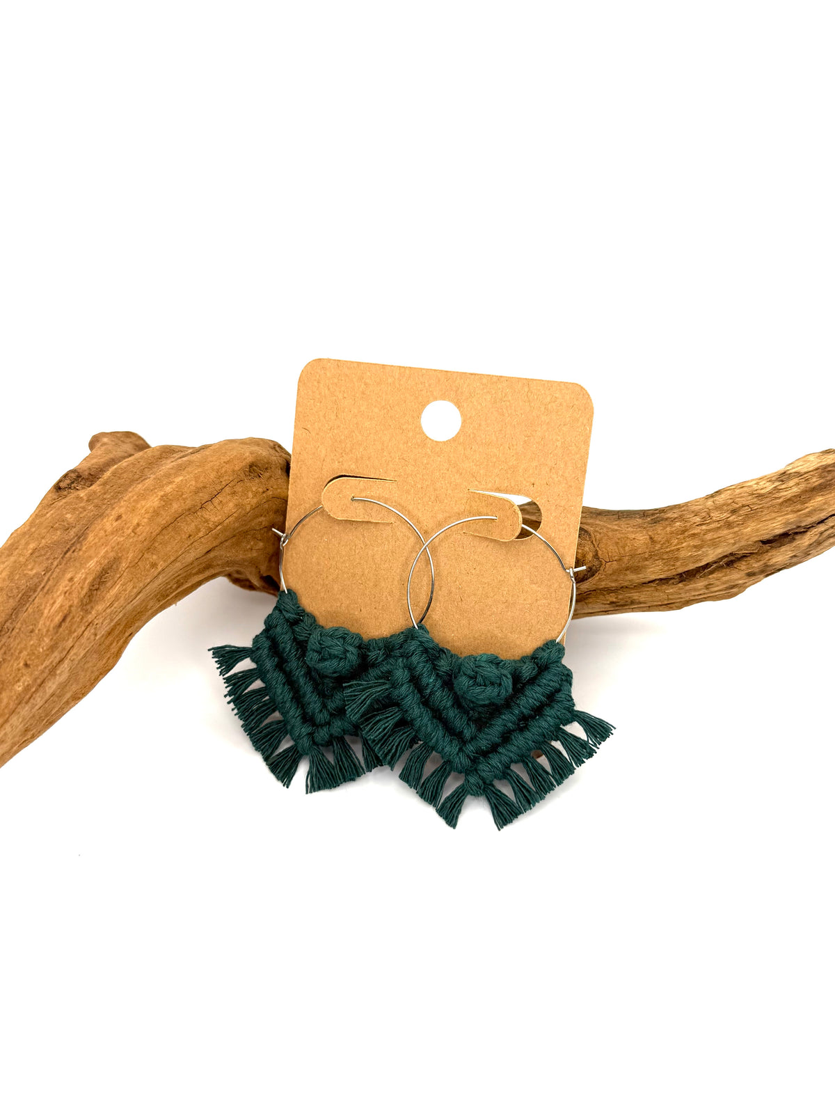 Deep Forest Green Macramé Hoop Earrings | Silver Statement Hoops