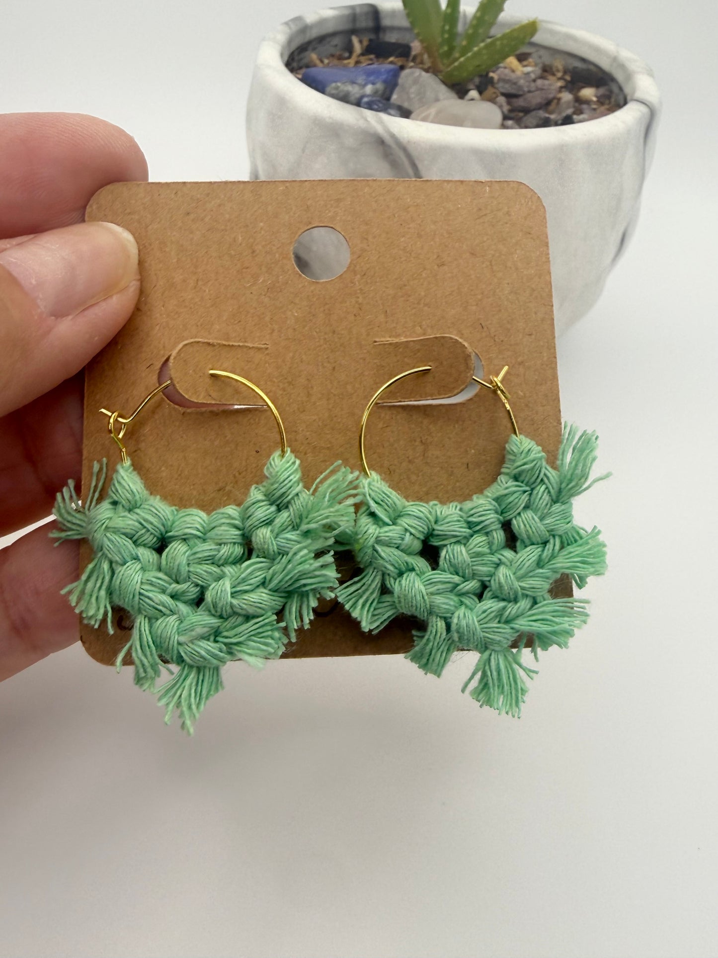 Handmade Macramé Hoop Earrings | Mint Green Fringe Fiber Earrings