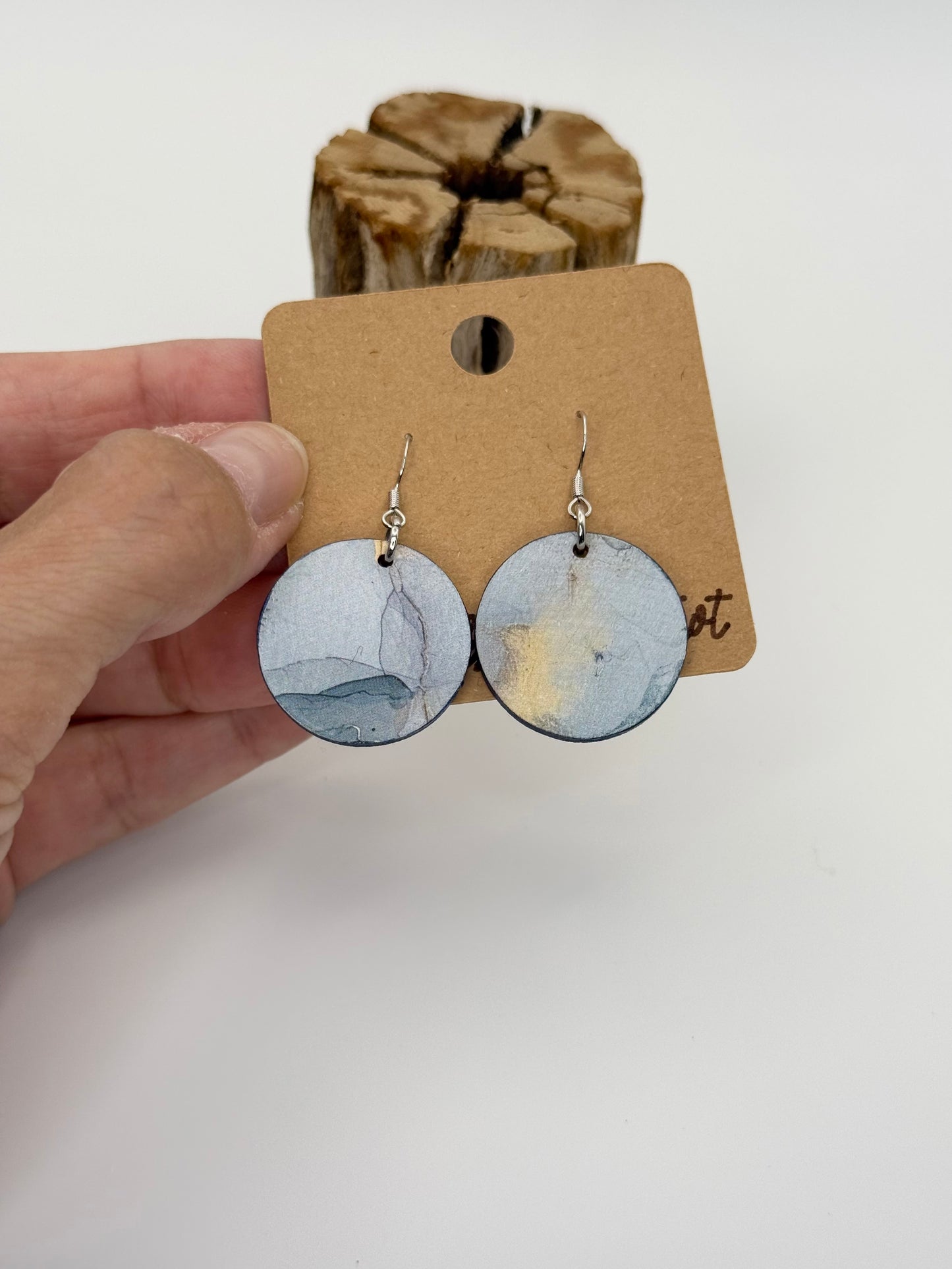 Modern Watercolor Wood Earrings | Soft Blue Abstract Dangles