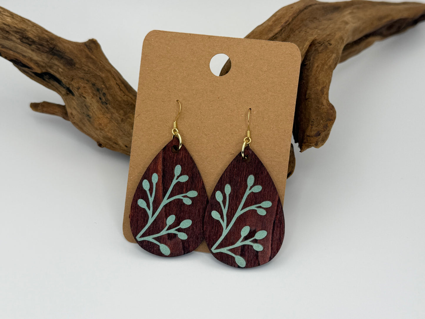 Modern Stained Wood Botanical Earrings | Sage Holographic Leaf Dangles