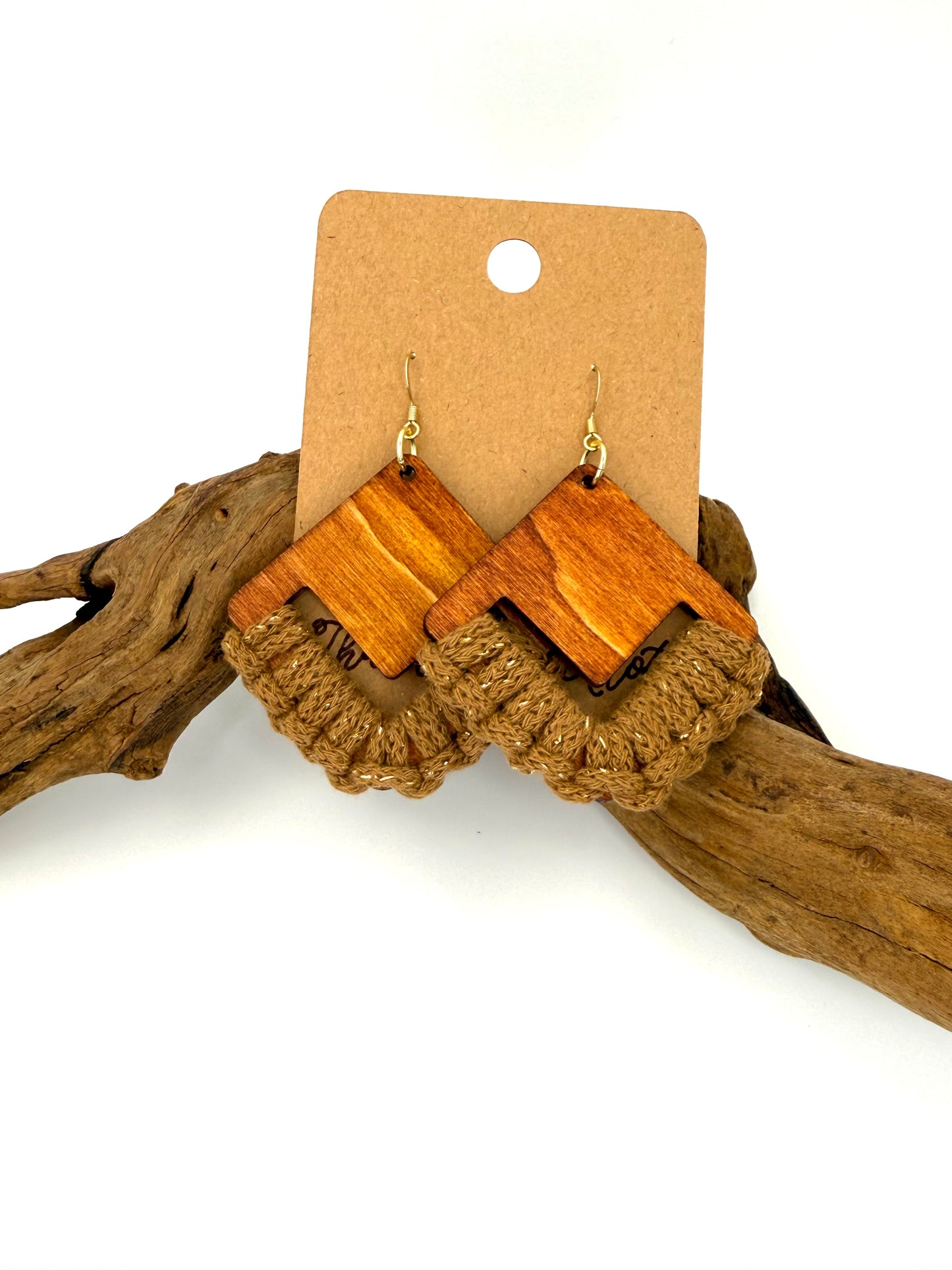 Warm Brown Wood & Macramé Earrings | Gold Fleck Statement Dangles