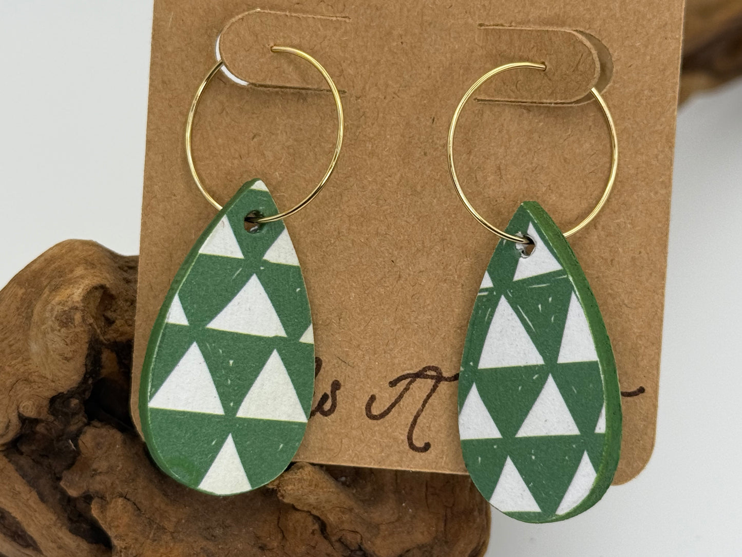 Modern Green Geometric Hoop Earrings | Lightweight Wood Hoops