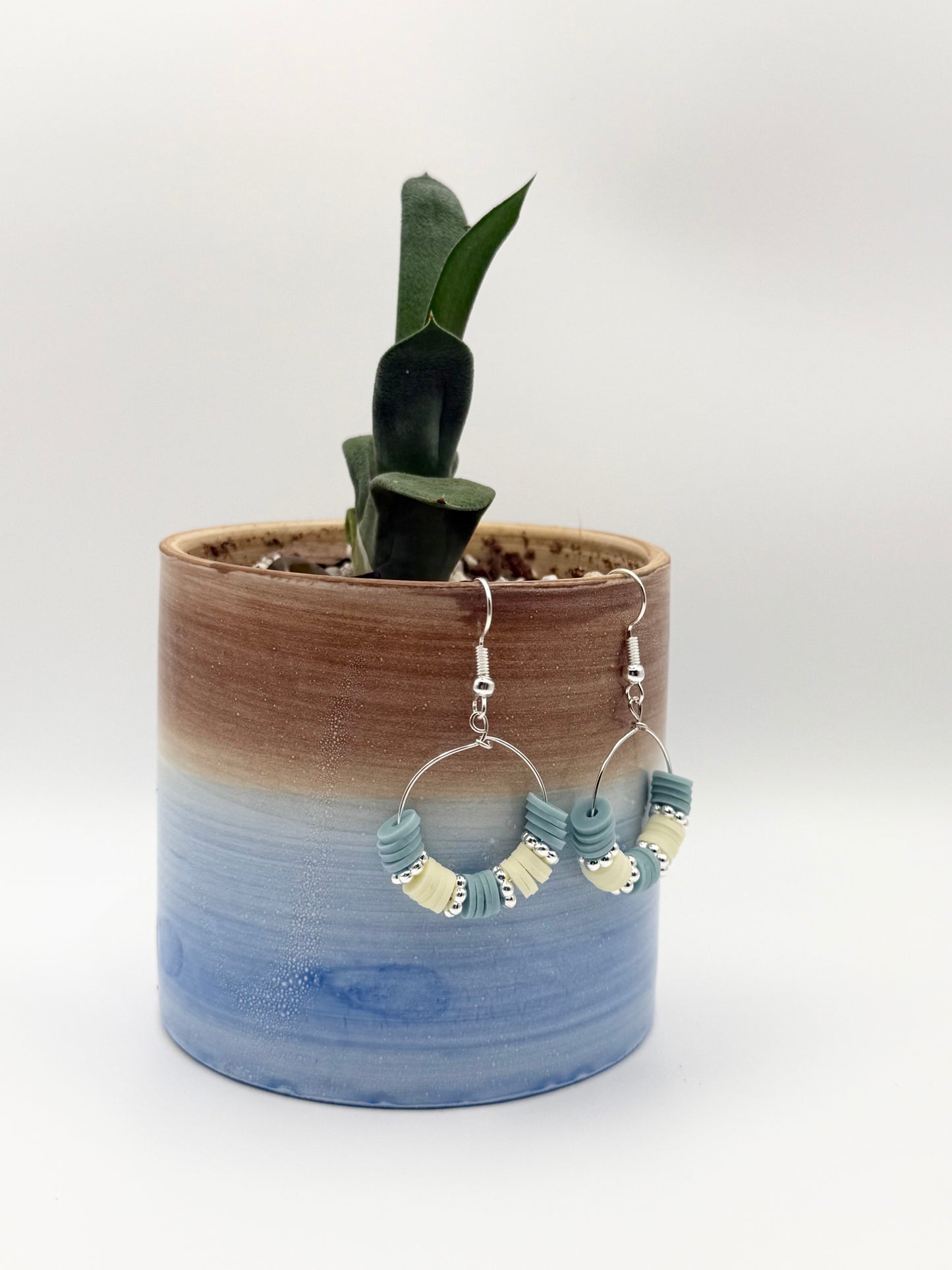 “Fresh linens” heishi bead dangle hoops