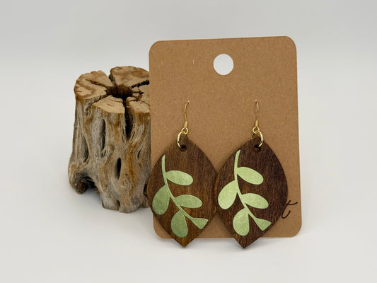 Modern Botanical Wood Earrings | Holographic Leaf Design