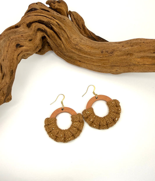 Hand-Painted Wood & Macrame Earrings | Golden Brown