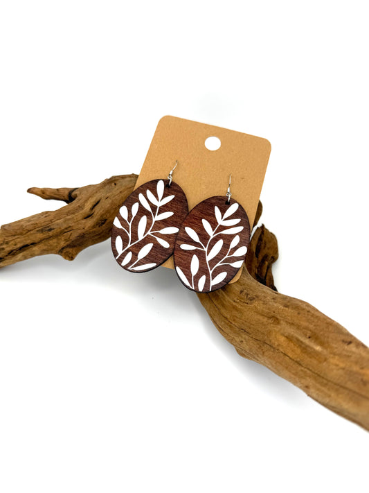 Dark Wood Botanical Earrings | White Leaf Statement Dangles