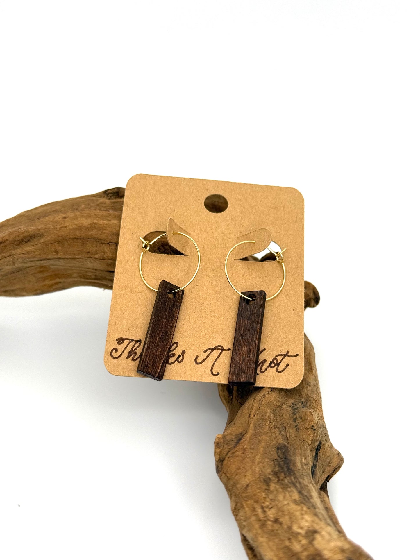 Dark Walnut Wood Hoop Earrings | Minimalist Bar Dangles
