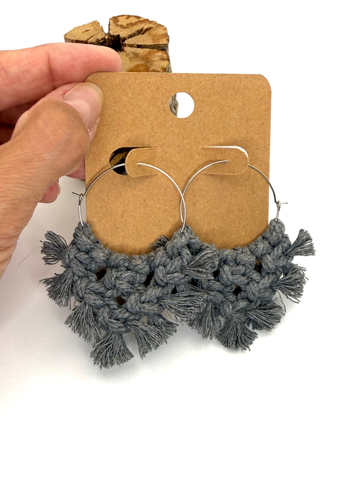 Gray Macramé Hoop Earrings | Hand-Knotted Statement Hoops