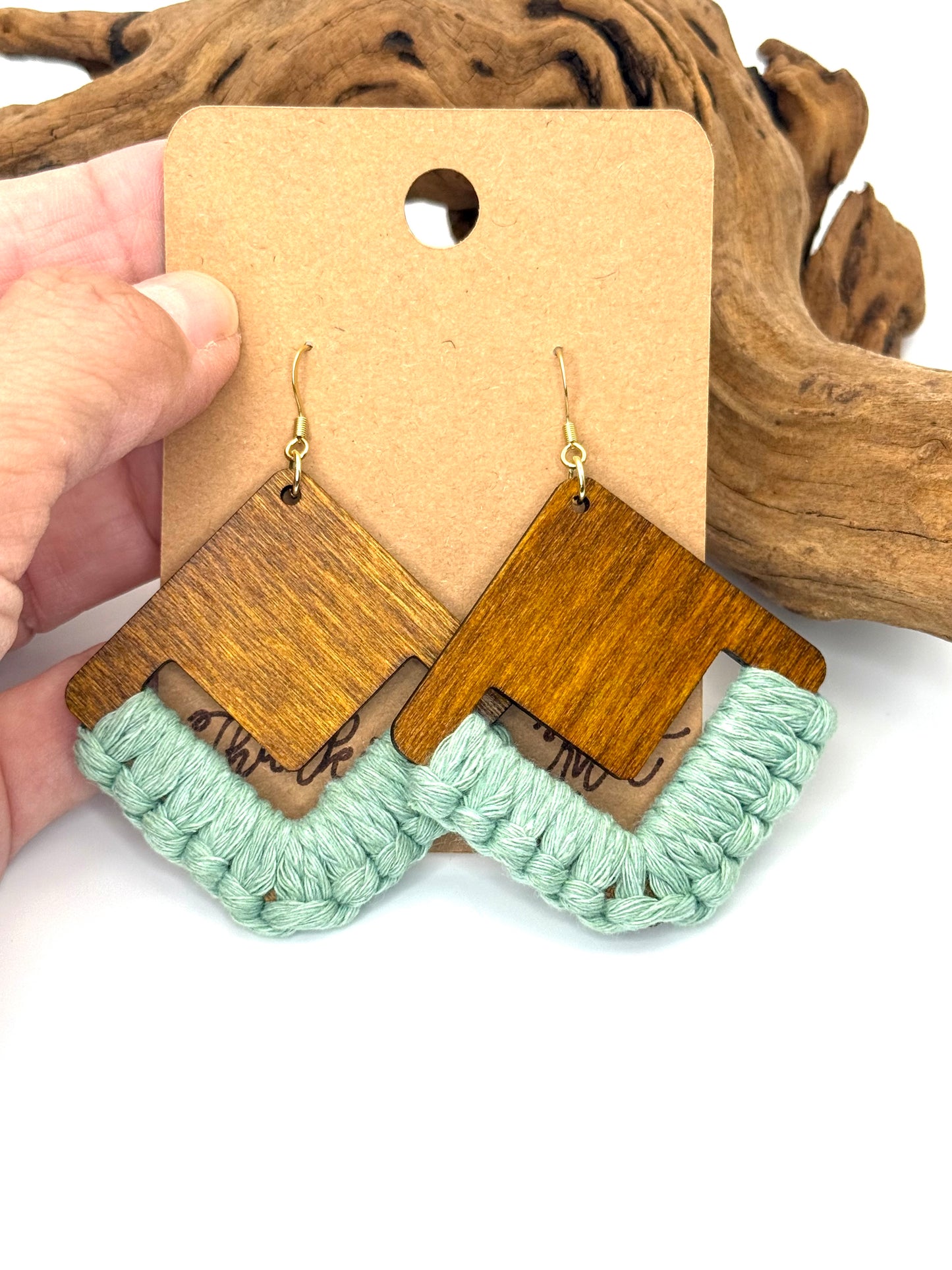 Turquoise Macramé Wood Earrings | Hand Knotted Geometric Dangles