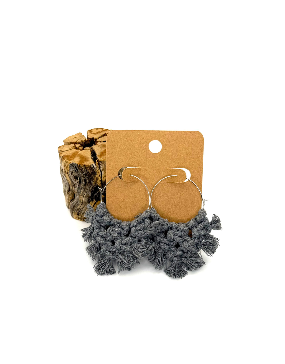 Gray Macramé Hoop Earrings | Hand-Knotted Statement Hoops