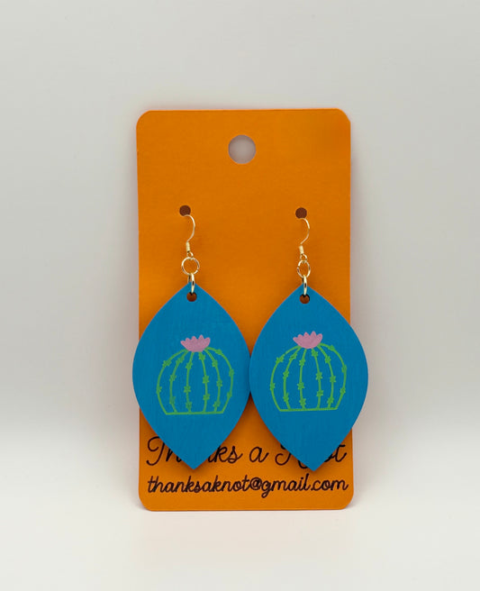 Wood and hand painted dangle drop earrings with cactus
