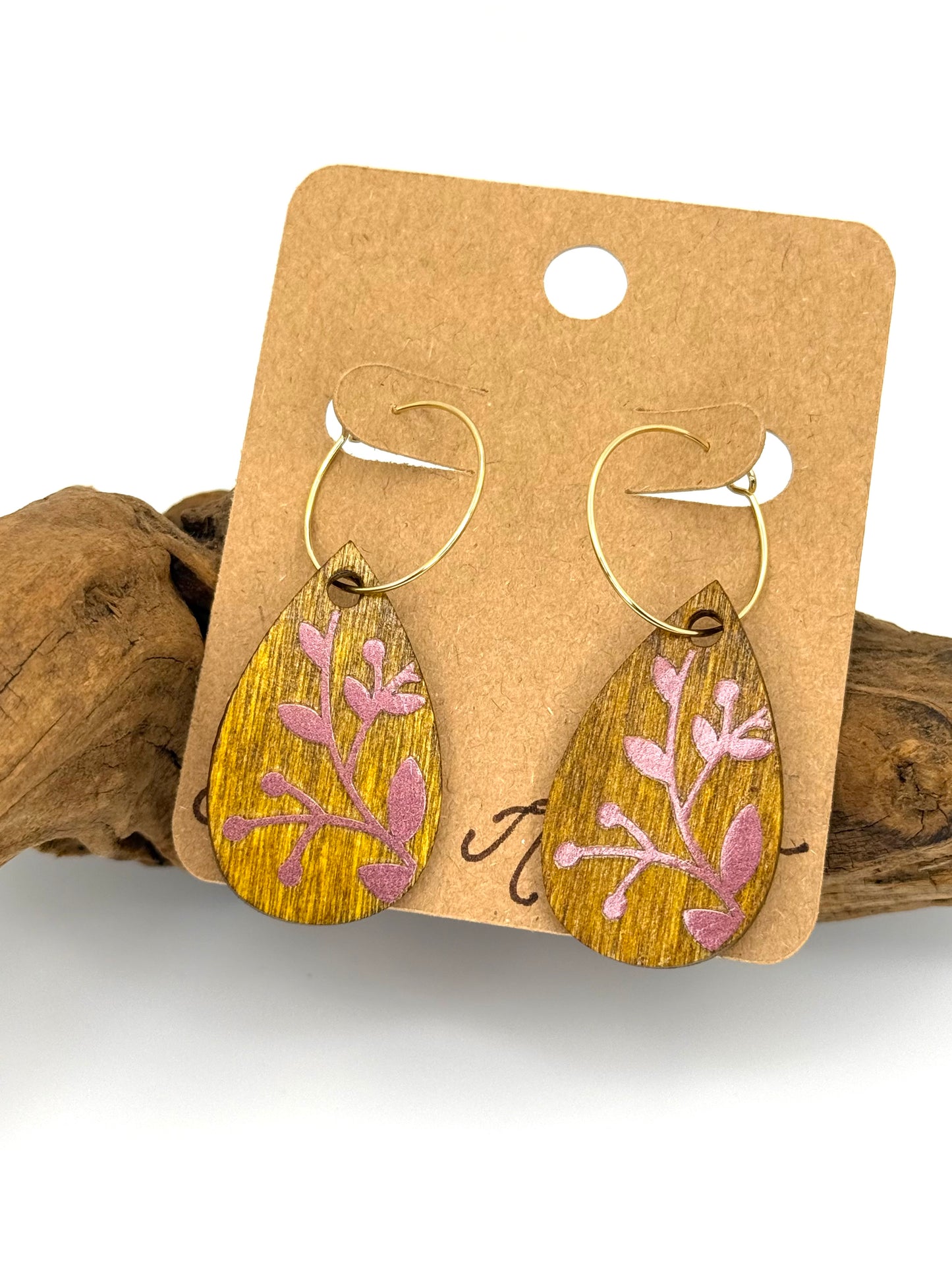 Ochre Walnut Botanical Hoop Earrings | Maroon Shimmer Dangles