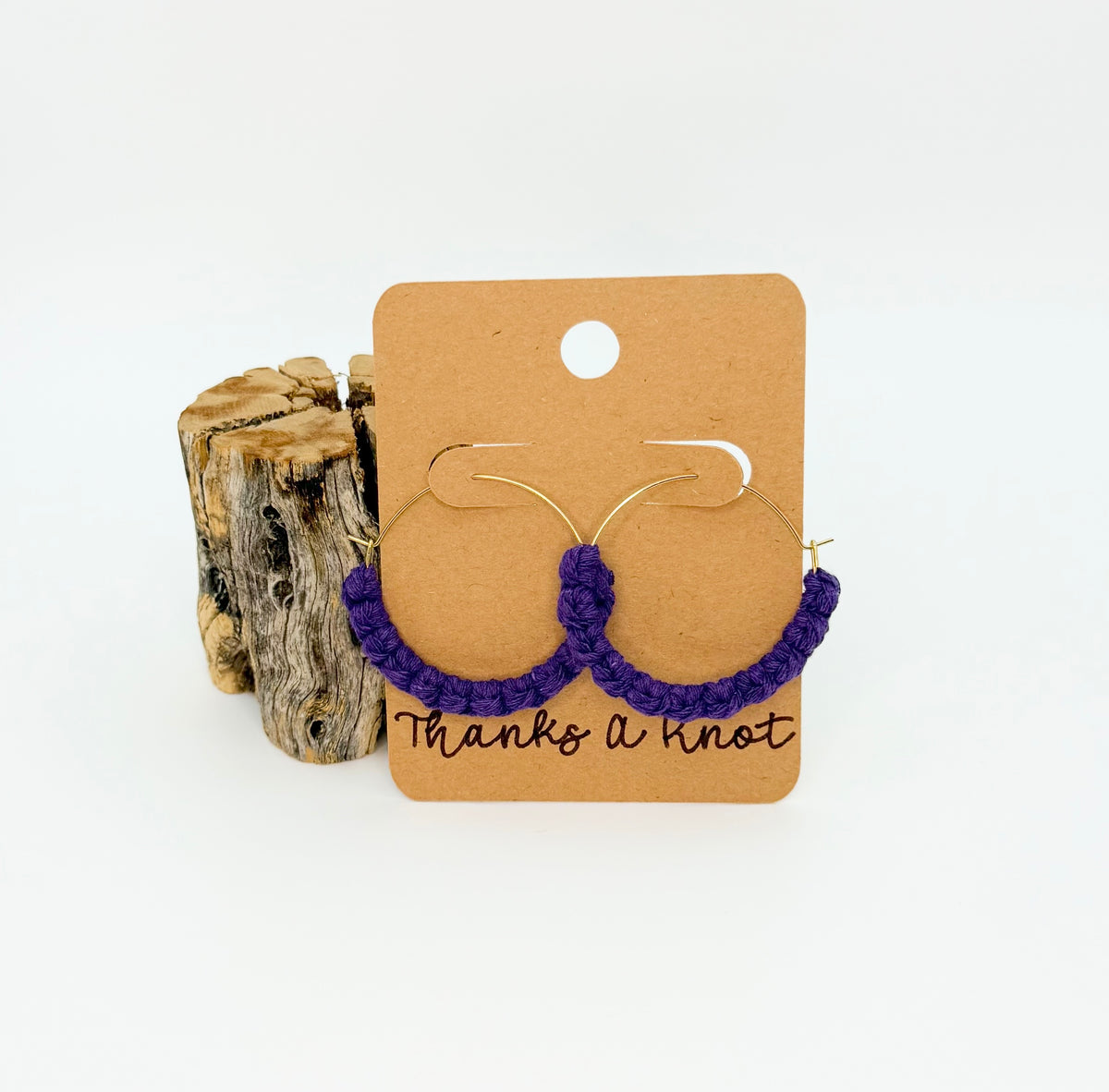 Royal Purple Macrame Hoop Earrings | 35mm Gold Stainless Steel