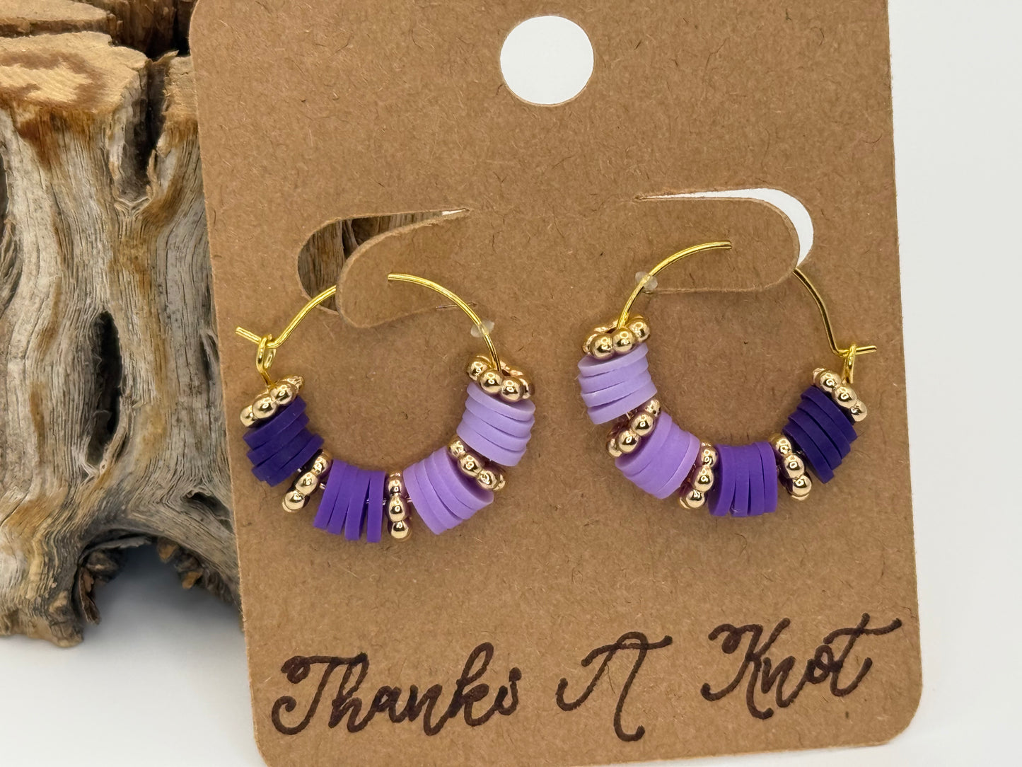 Modern Purple Heishi Hoop Earrings | Gold Accent Beads