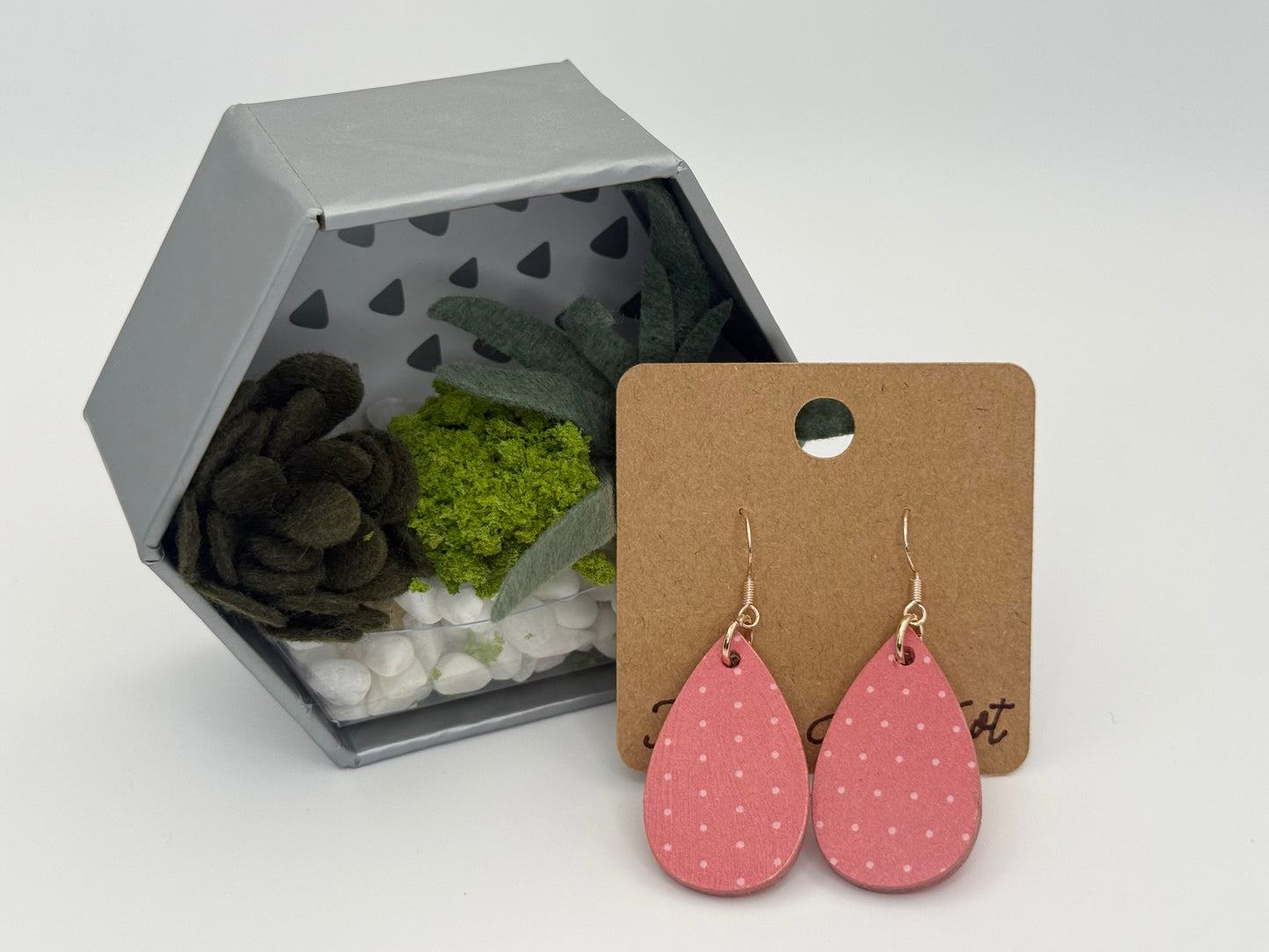 Pink Polka Dot Wood Earrings | Rose Pink Teardrop Drop Earrings