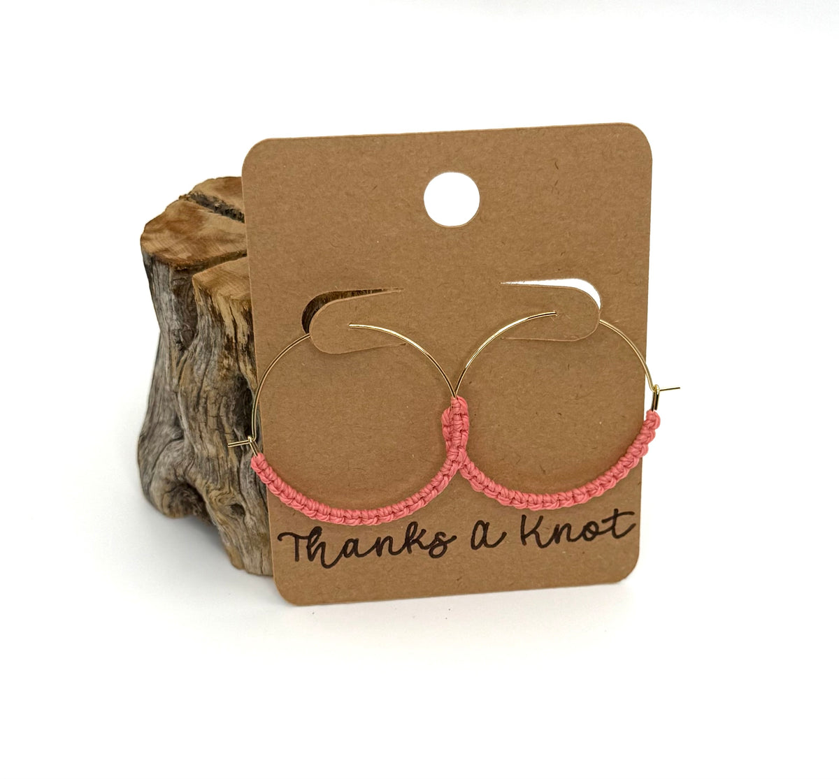 Coral Macrame Hoop Earrings | 35mm Gold Stainless Steel