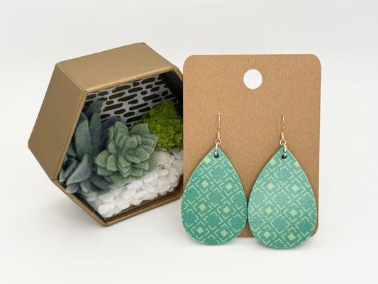 Sea Glass Geo Wood Earrings | Aqua Patterned Teardrop Statement Earrings