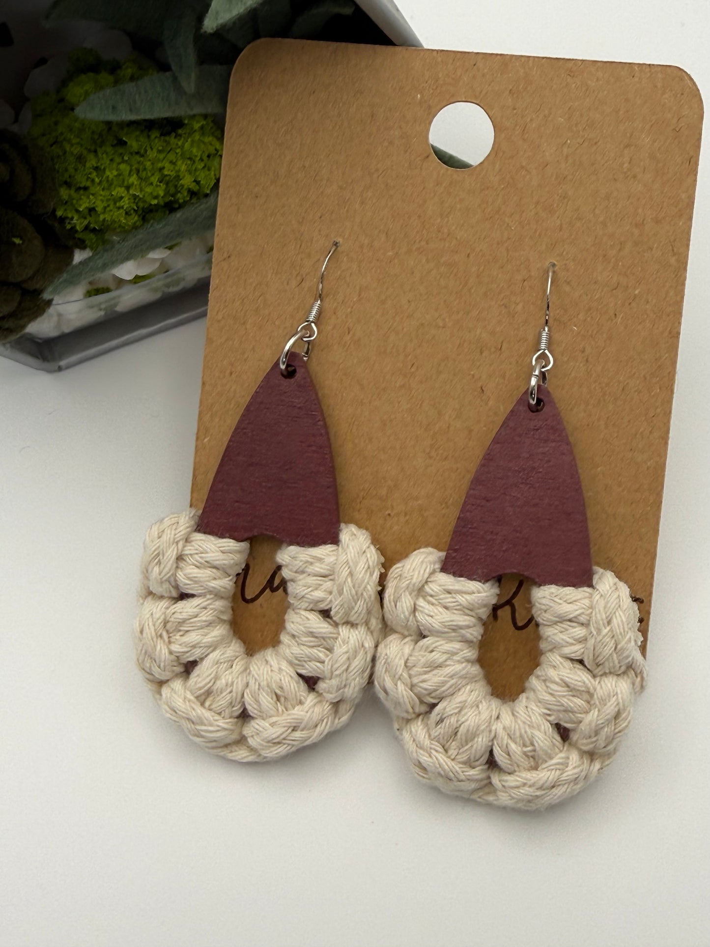 Burgundy Teardrop Macramé Earrings | Handmade Wood & Fiber Statement Earrings