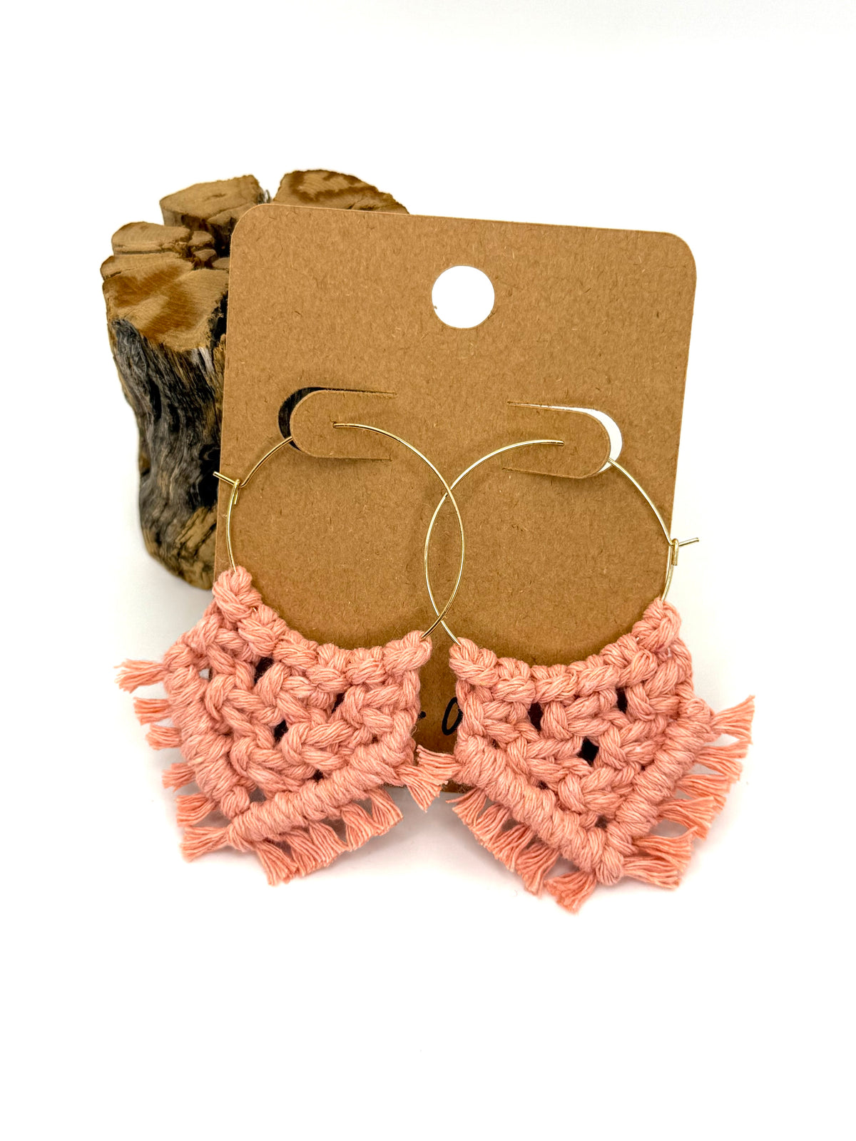 Heathered Coral Macramé Hoop Earrings | Gold Statement Hoops