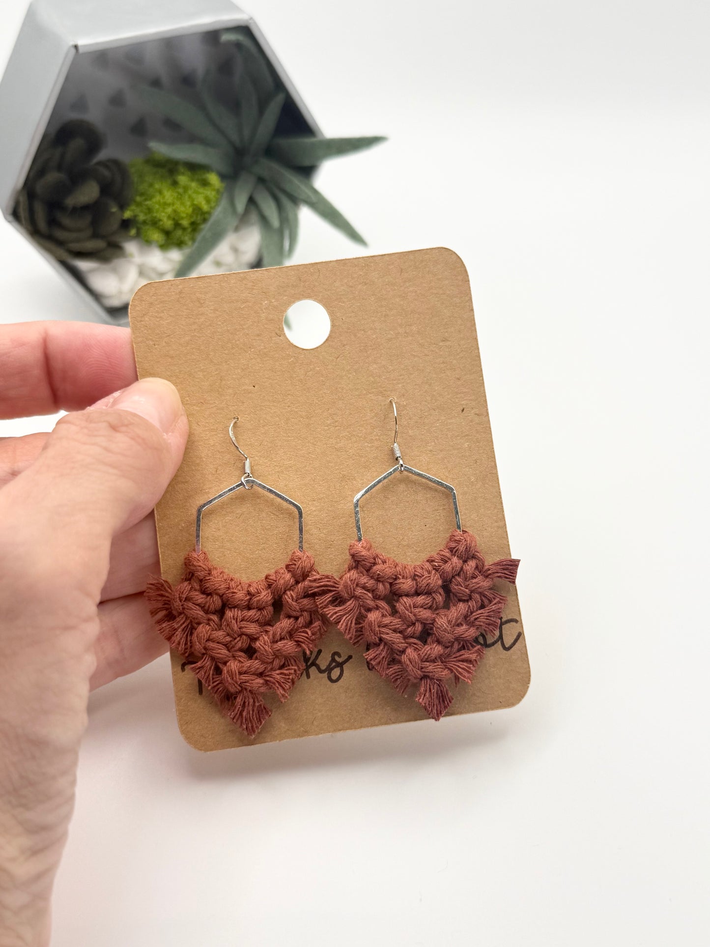 Rust Macramé Hexagon Earrings | Handmade Geometric Fringe Earrings