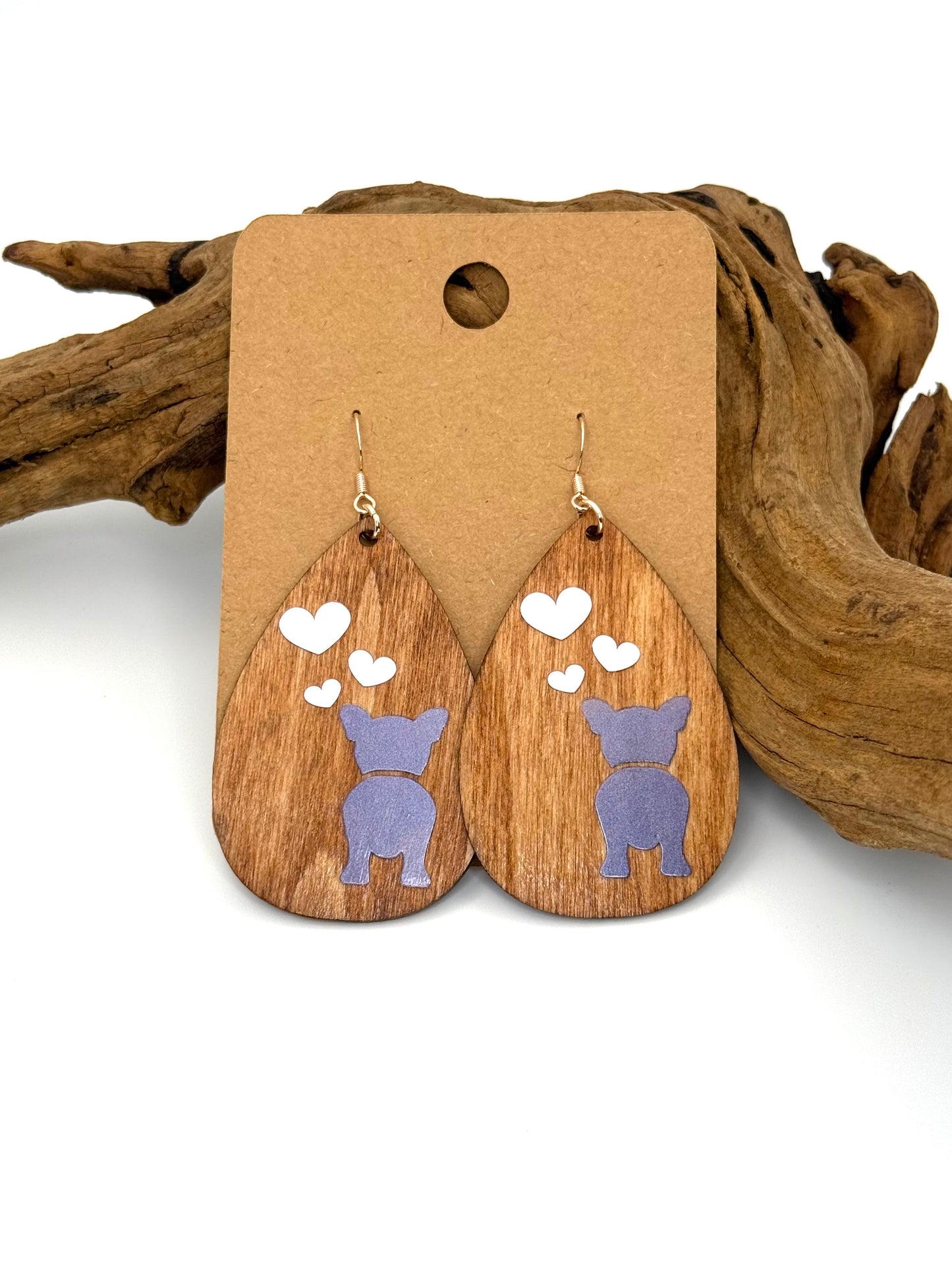 French Bulldog Wood Earrings | Purple Frenchie & Heart Dangles