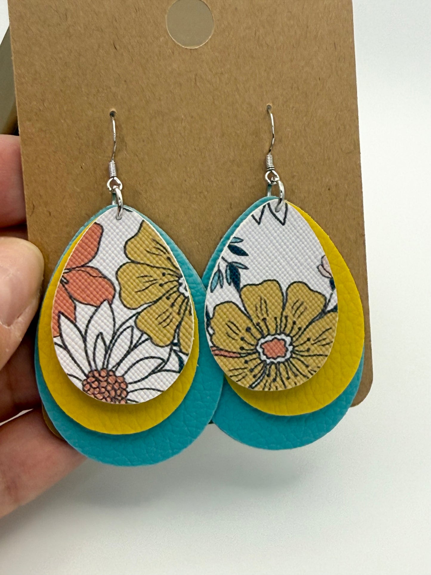 Colorful Floral Faux Leather Earrings | Layered Teardrop Statement Earrings