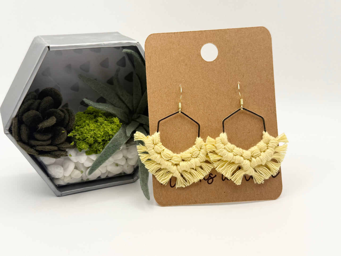 Light Yellow Macramé Hexagon Earrings | Handmade Boho Fringe Earrings